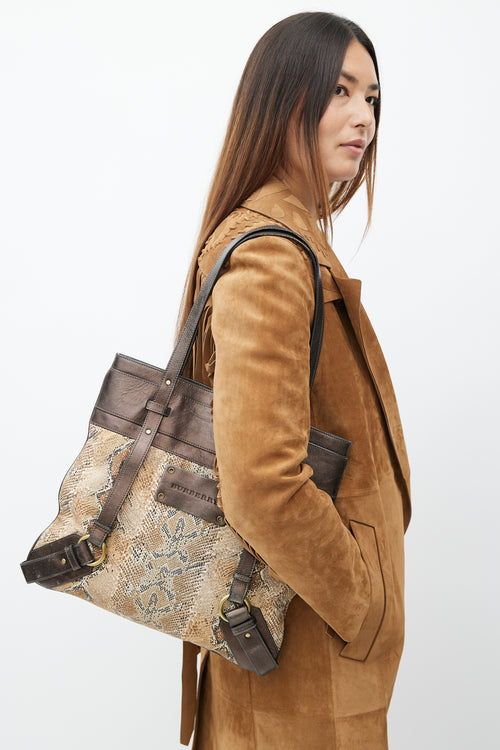 Burberry Brown Leather & Print Tote Bag