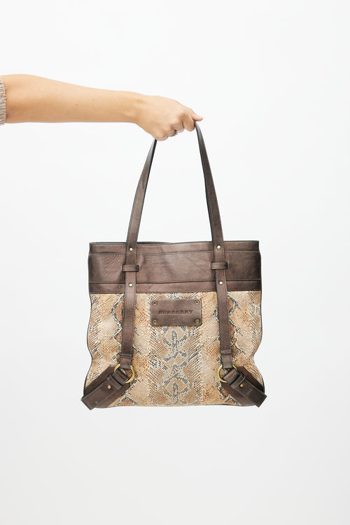 Burberry Brown Leather & Print Tote Bag