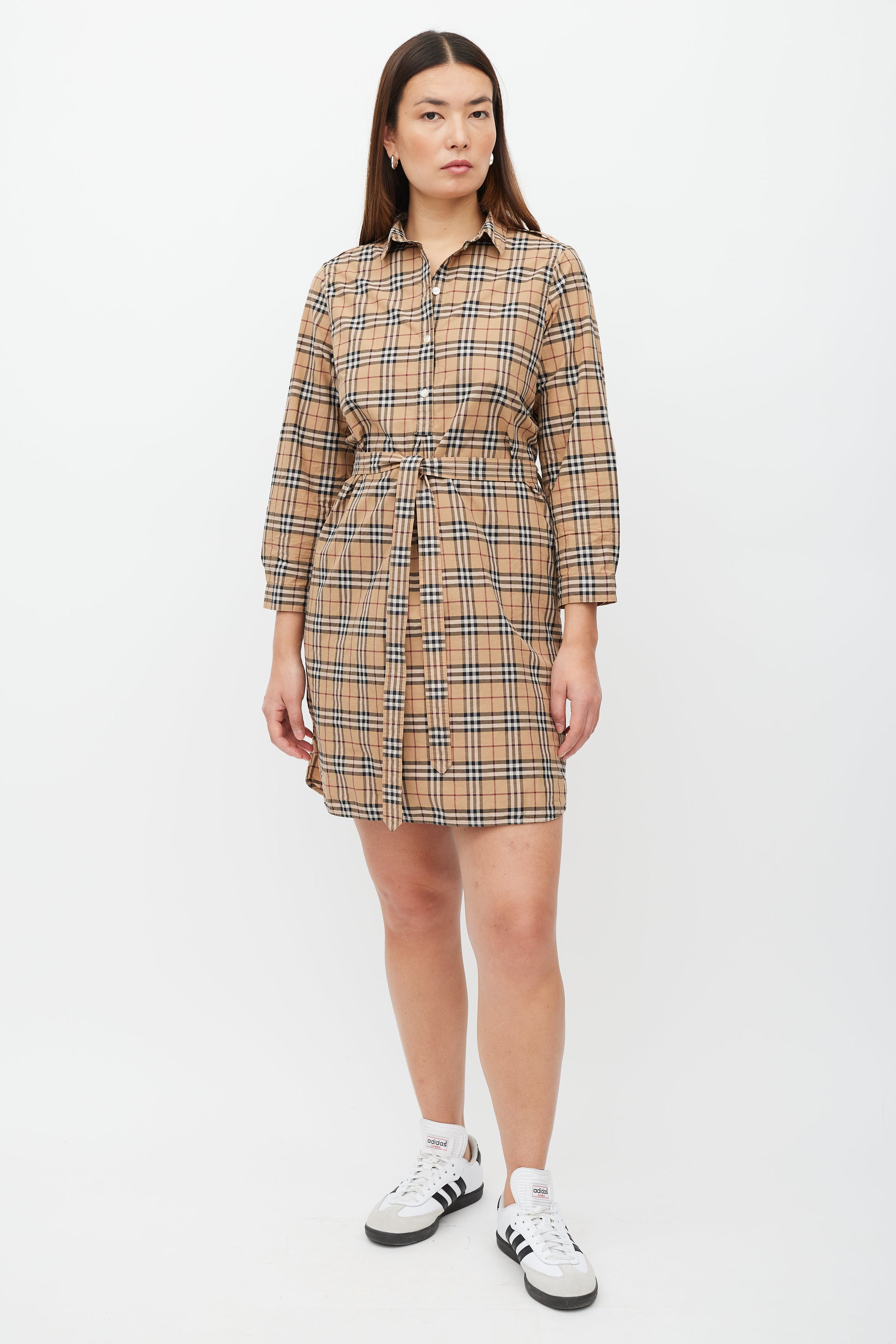 Burberry // Brown & Multicolour Nova Check Shirt Dress VSP Consignment Burberry // Brown & Multicolour Nova Check Shirt Dress VSP Consignment