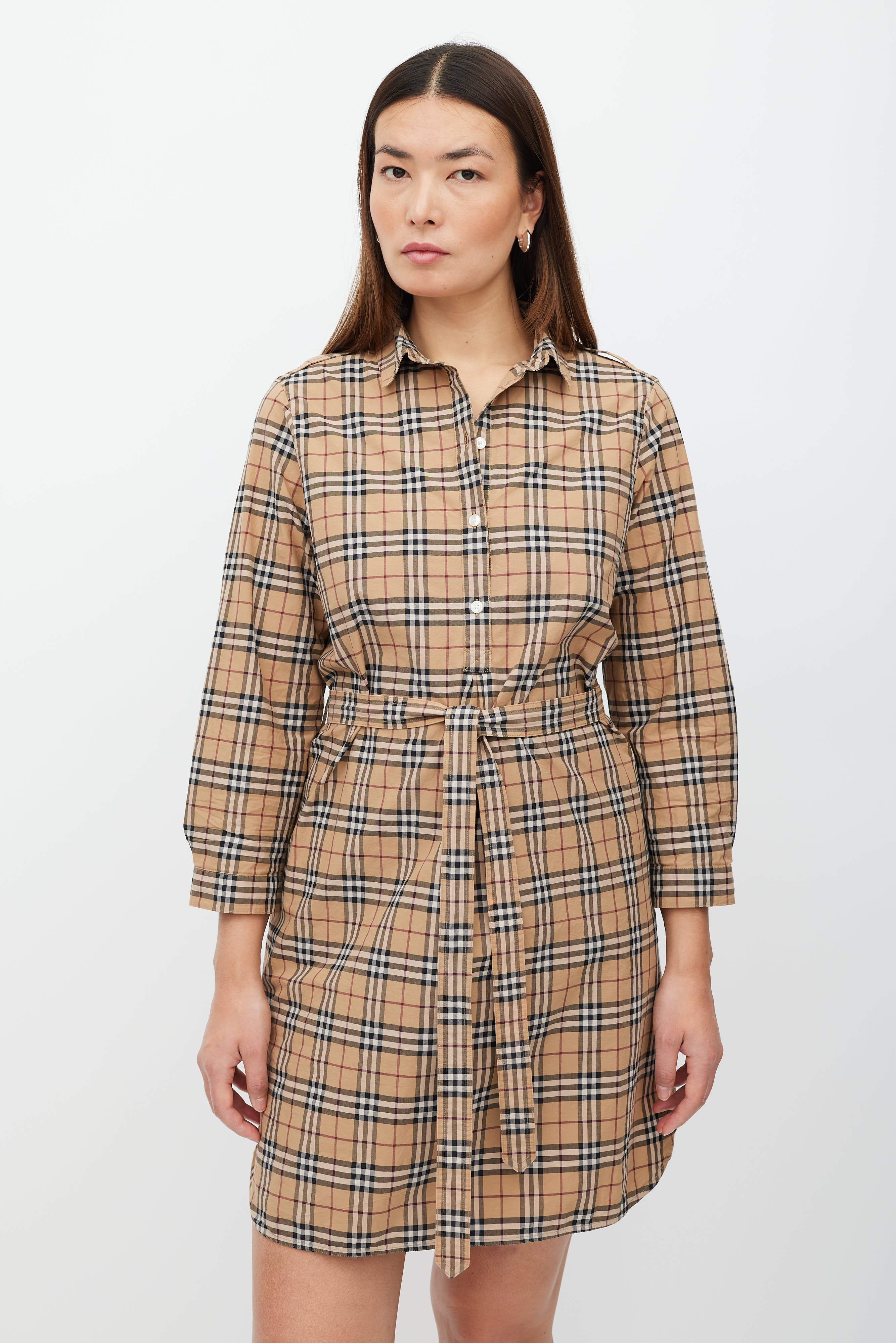 burberry shirt dress Burberry // Brown & Multicolour Nova Check Shirt Dress – VSP Consignment
