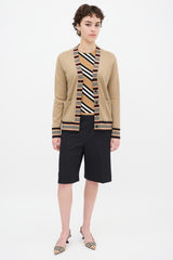 Burberry Brown & Multicolour Wool Striped Trim Cardigan