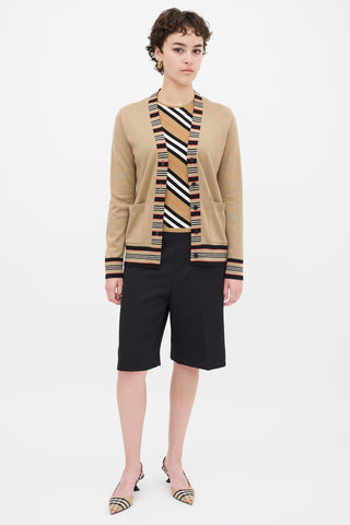 Burberry Brown & Multicolour Wool Striped Trim Cardigan