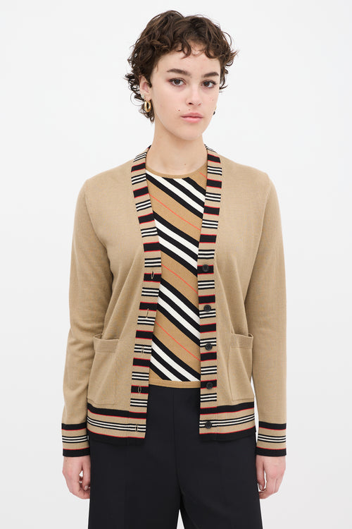 Burberry Brown & Multicolour Wool Striped Trim Cardigan