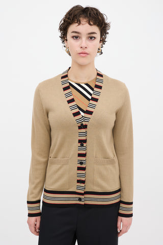 Burberry Brown & Multicolour Wool Striped Trim Cardigan