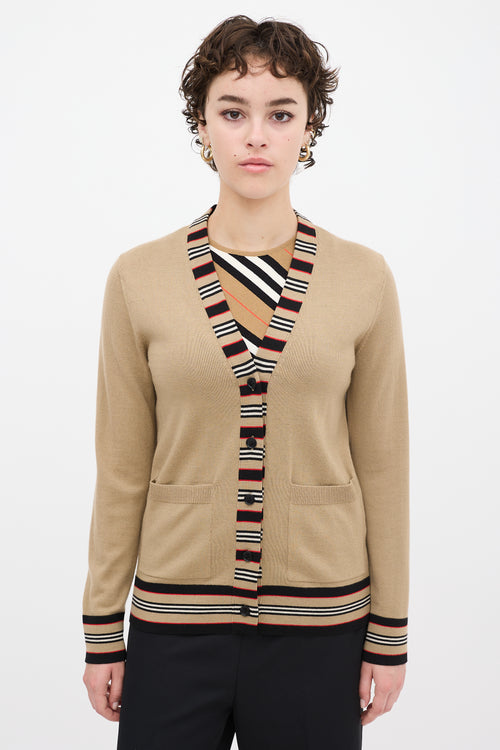 Burberry Brown & Multicolour Wool Striped Trim Cardigan