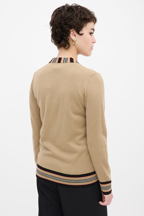 Burberry Brown & Multicolour Wool Striped Trim Cardigan