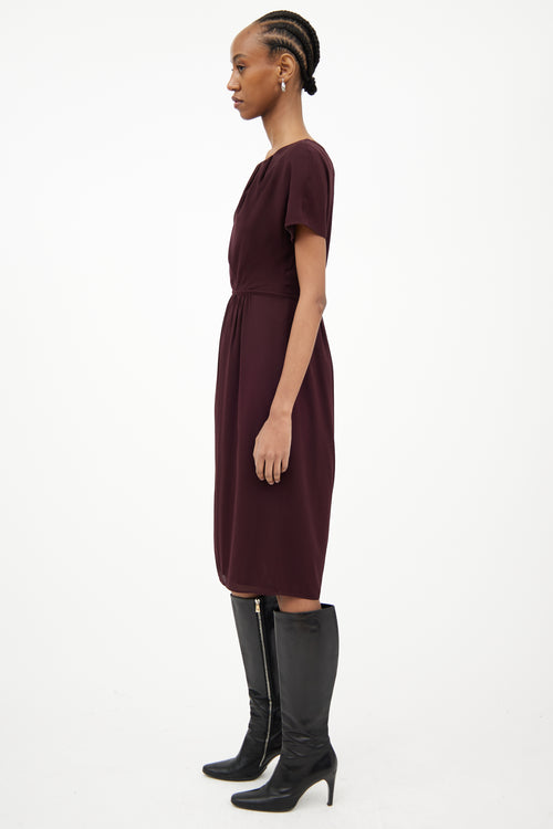 Burberry Burgundy Silk Gathered Midlength Dress