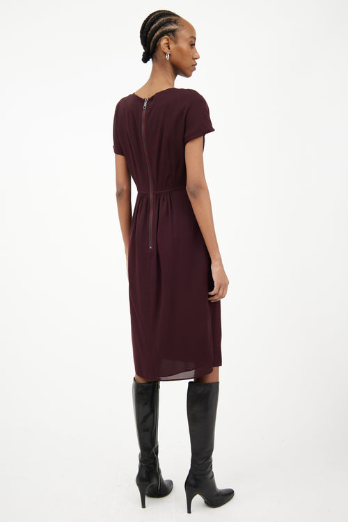 Burberry Burgundy Silk Gathered Midlength Dress