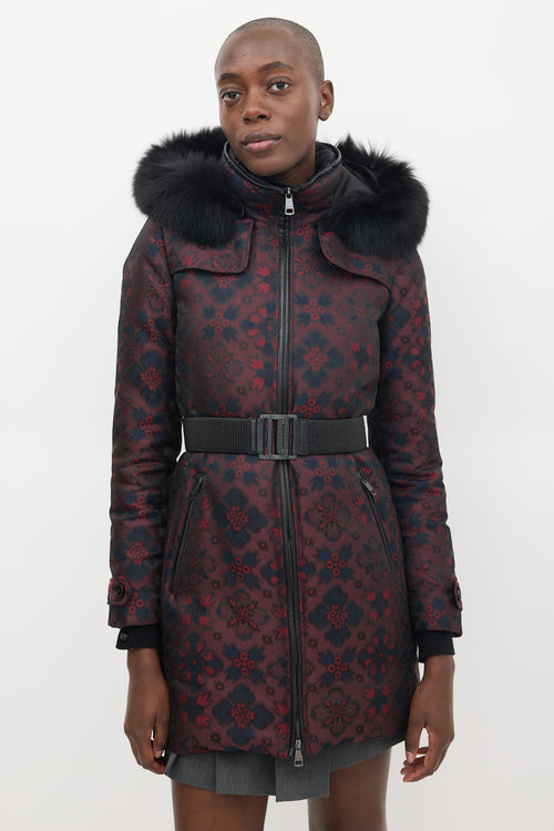 Burberry Burgundy & Multicolour Floral Fur Trimmed Padded Coat