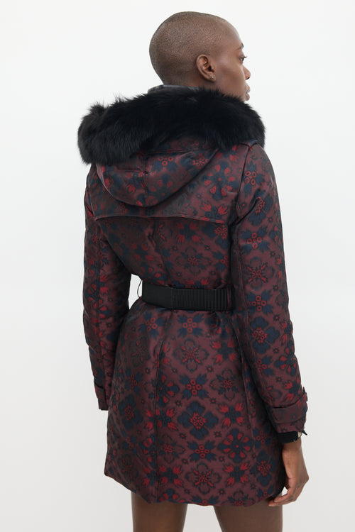 Burberry Burgundy & Multicolour Floral Fur Trimmed Padded Coat