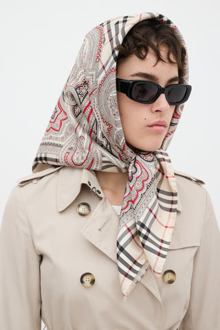Burberry Cream & Multicolour Silk Paisley & Nova Check Scarf