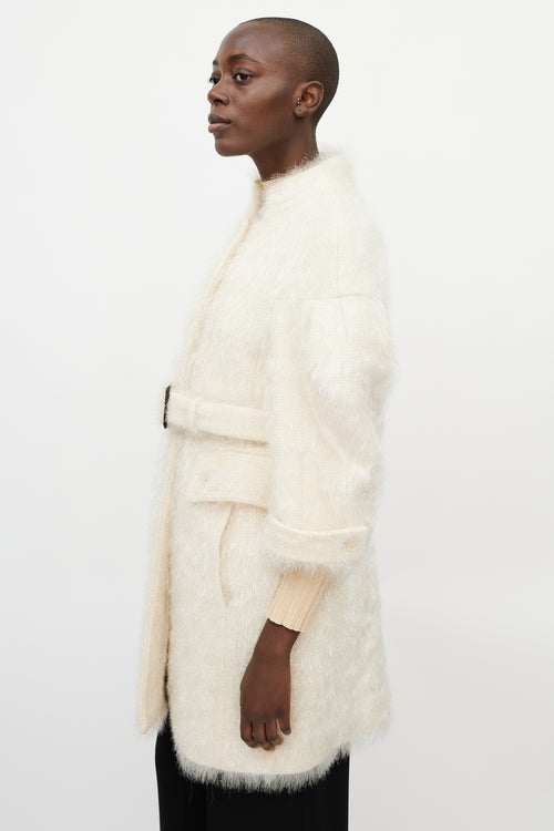 Burberry Cream Wool & Nylon Metallic Shag Coat