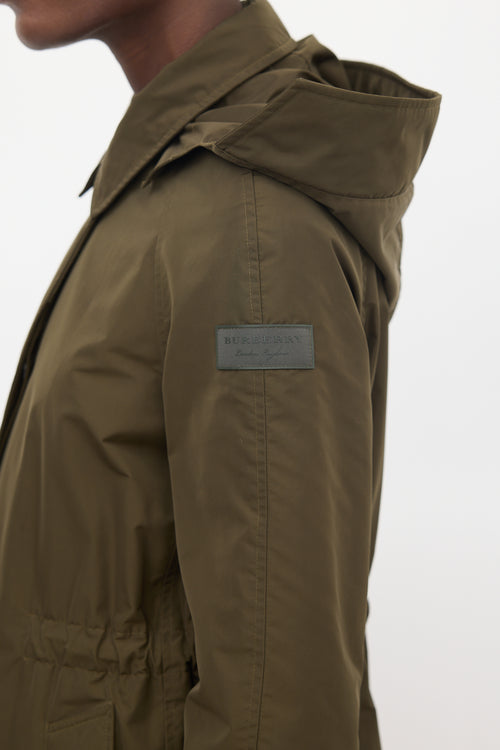 Burberry Dark Green Hooded Mid Length Anorak Coat