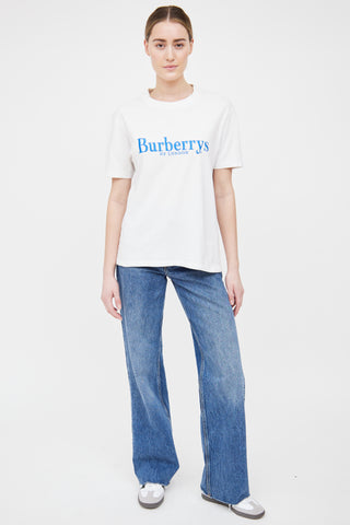 Burberry White & Blue Embroidered Logo T-shirt