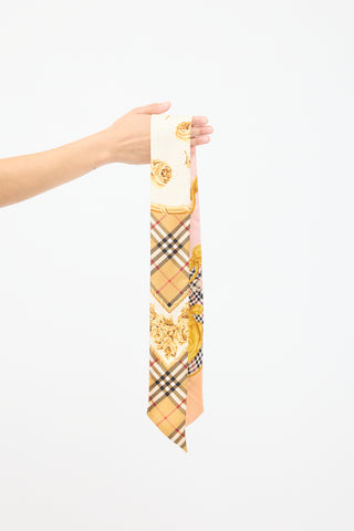 Burberry Gold & Pink Silk Reversible Printed Novacheck Skinny Scarf