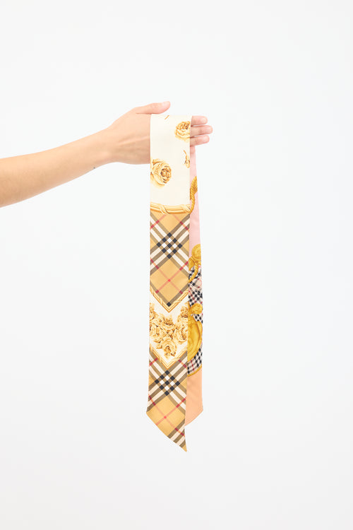 Burberry Gold & Pink Silk Reversible Printed Novacheck Skinny Scarf