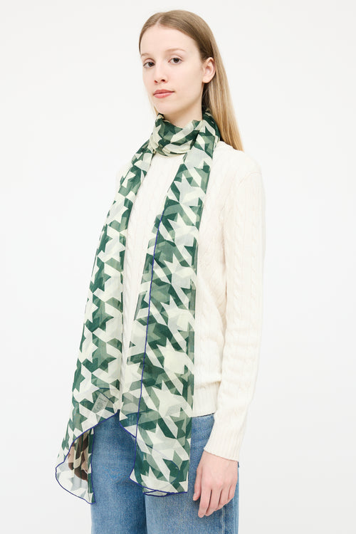 Burberry Green & Cream Silk Houndstooth Scarf
