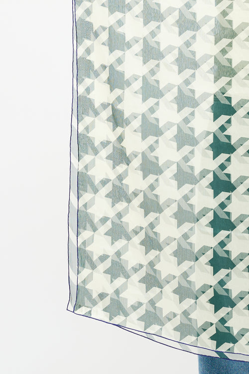 Burberry Green & Cream Silk Houndstooth Scarf