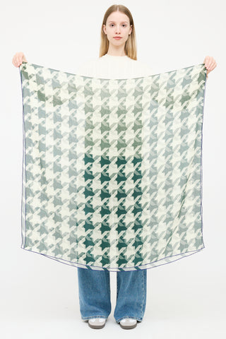 Burberry Green & Cream Silk Houndstooth Scarf