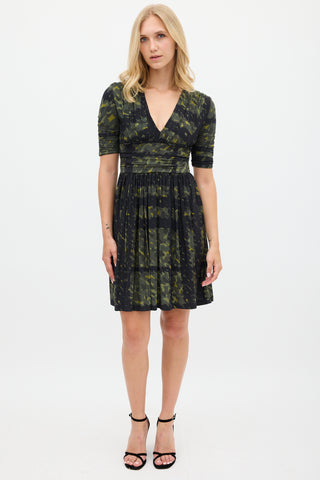 Burberry Green & Navy Printed Gathered Dress