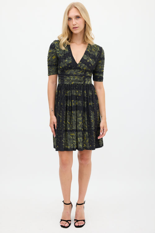 Burberry Green & Navy Printed Gathered Dress