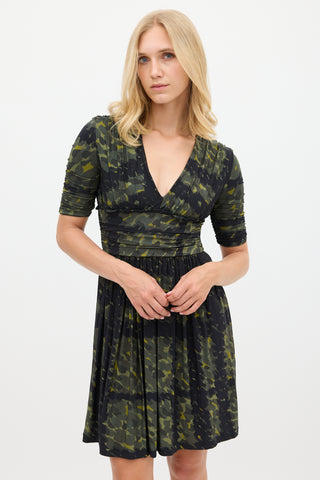 Burberry Green & Navy Printed Gathered Dress