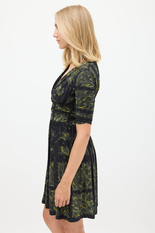 Burberry Green & Navy Printed Gathered Dress