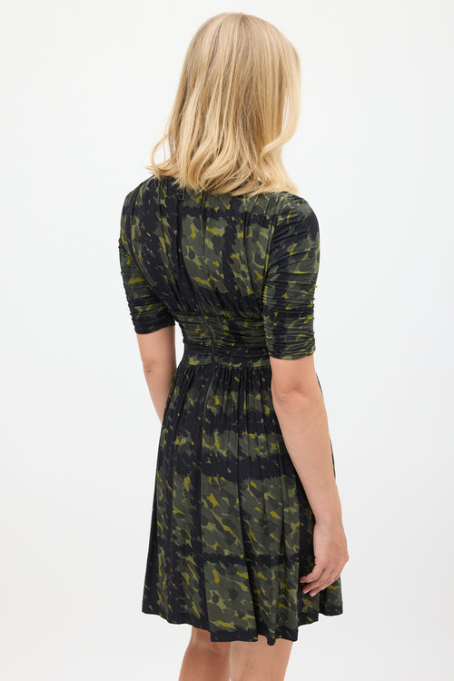 Burberry Green & Navy Printed Gathered Dress