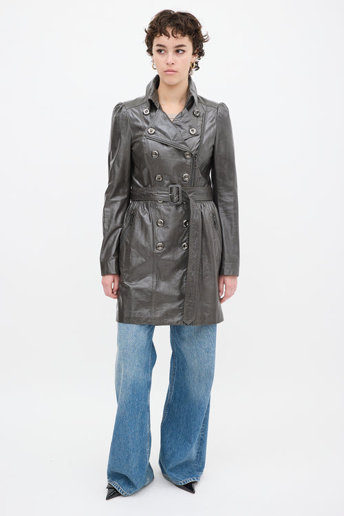 Burberry Green Patent Leather Belted Coat