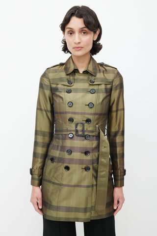Burberry Green & Black Plaid Double Breasted Trench Coat