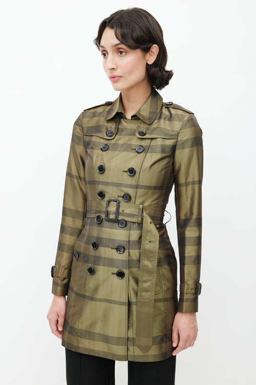Burberry Green & Black Plaid Double Breasted Trench Coat