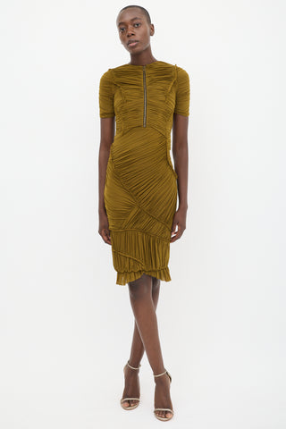 Burberry Green Ruched Zip Dress