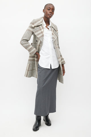 Burberry Grey & Beige Wool Plaid Coat