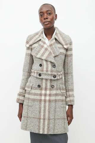 Burberry Grey & Beige Wool Plaid Coat