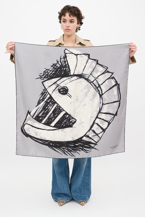 Burberry Grey & Multicolour Silk Pallas Helmet Printed Scarf