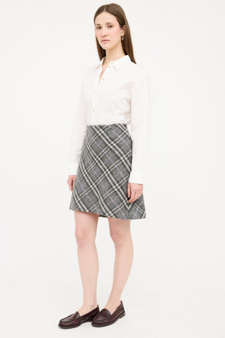 Burberry Grey & Purple Wool Nova Check Skirt