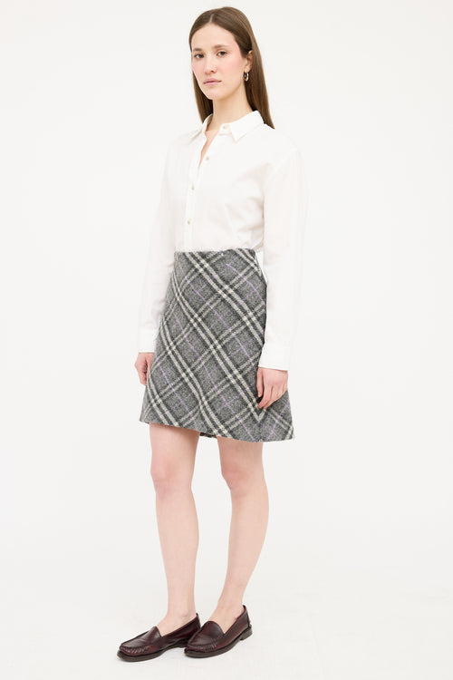 Burberry Grey & Purple Wool Nova Check Skirt