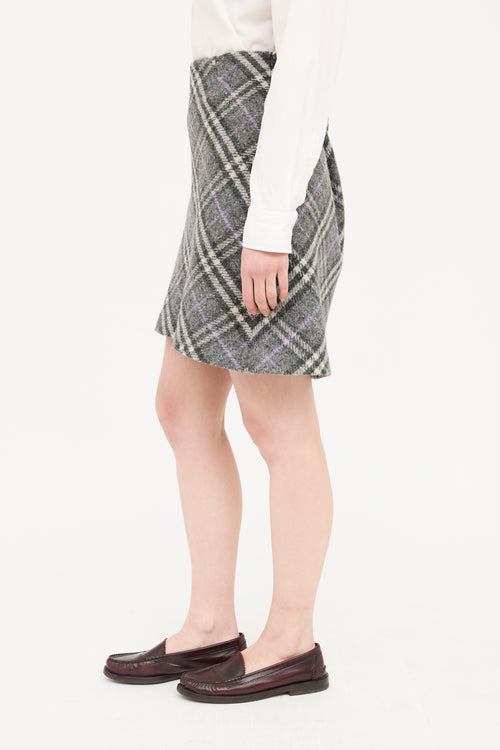 Burberry Grey & Purple Wool Nova Check Skirt