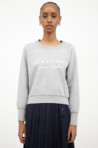 Burberry Light Grey & White Embroidered Logo Crewneck Sweatshirt