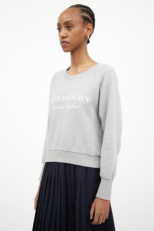 Burberry Light Grey & White Embroidered Logo Crewneck Sweatshirt