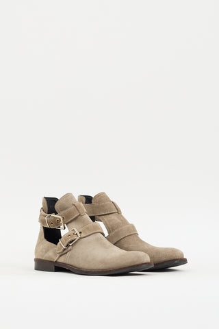 Burberry Grey Suede Buckled Cut Out Ankle Boot