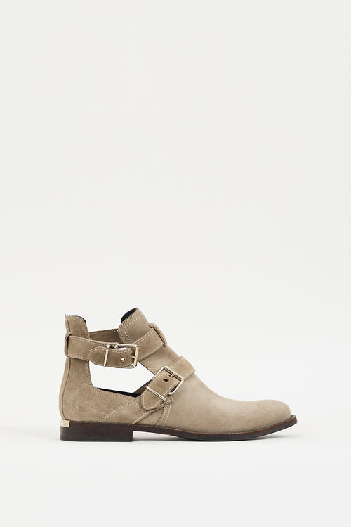 Burberry Grey Suede Buckled Cut Out Ankle Boot