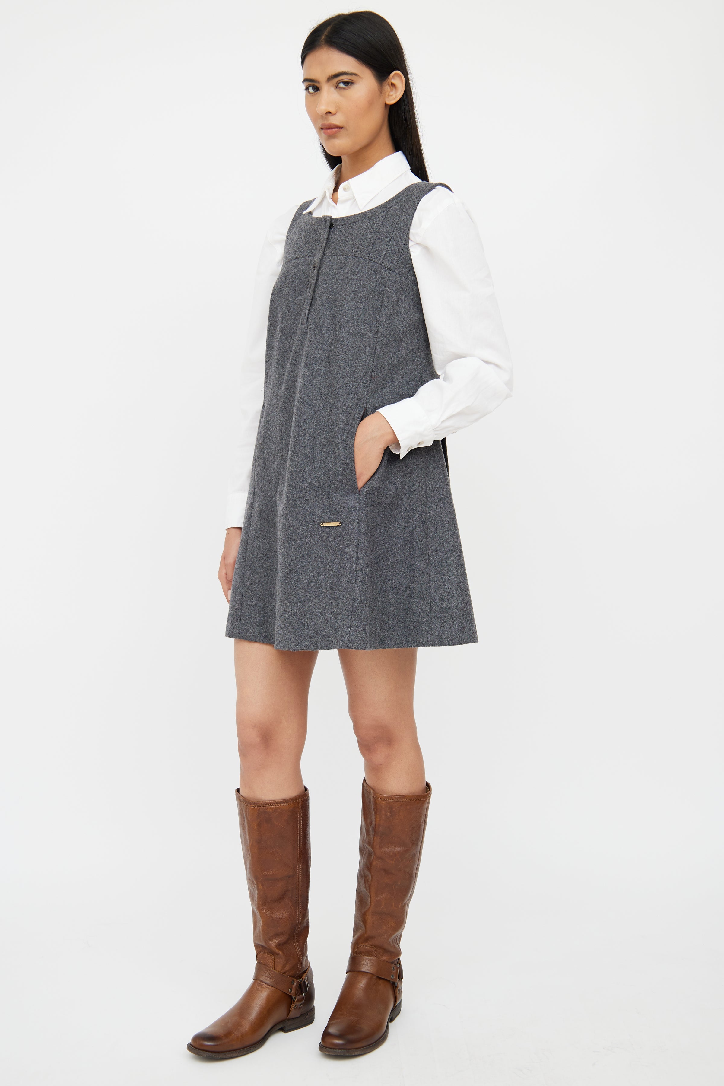 Burberry // Grey Wool Pinafore Dress – VSP Consignment Burberry // Grey Wool Pinafore Dress – VSP Consignment
