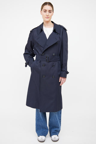 Burberry Navy Cotton Long Trench Coat