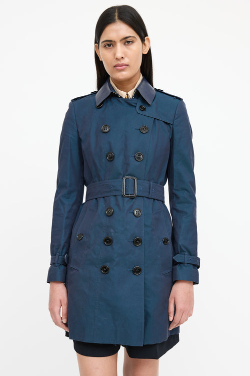 Burberry Leather Trim Double Breasted Trench Coat