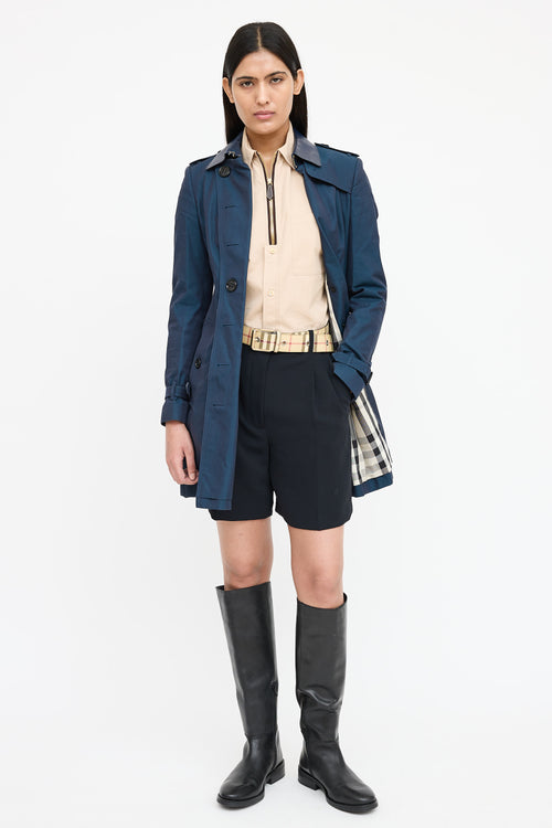 Burberry Leather Trim Double Breasted Trench Coat