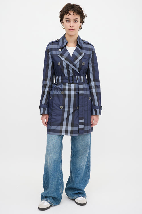 Burberry Navy Novacheck Belted Midi Trench Coat