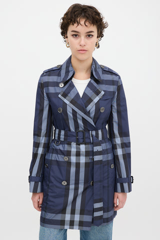 Burberry Navy Novacheck Belted Midi Trench Coat