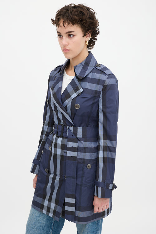 Burberry Navy Novacheck Belted Midi Trench Coat