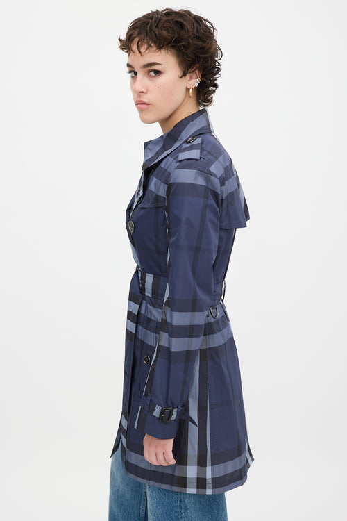 Burberry Navy Novacheck Belted Midi Trench Coat